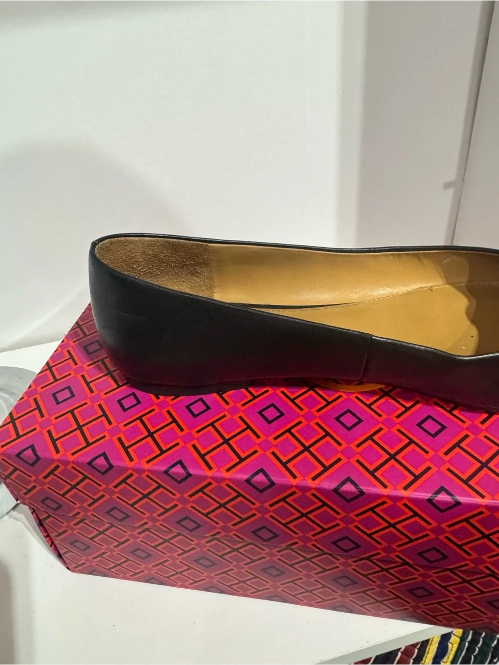 Tory Burch Black Leather Ballet Flat with Gold Logo Medallion